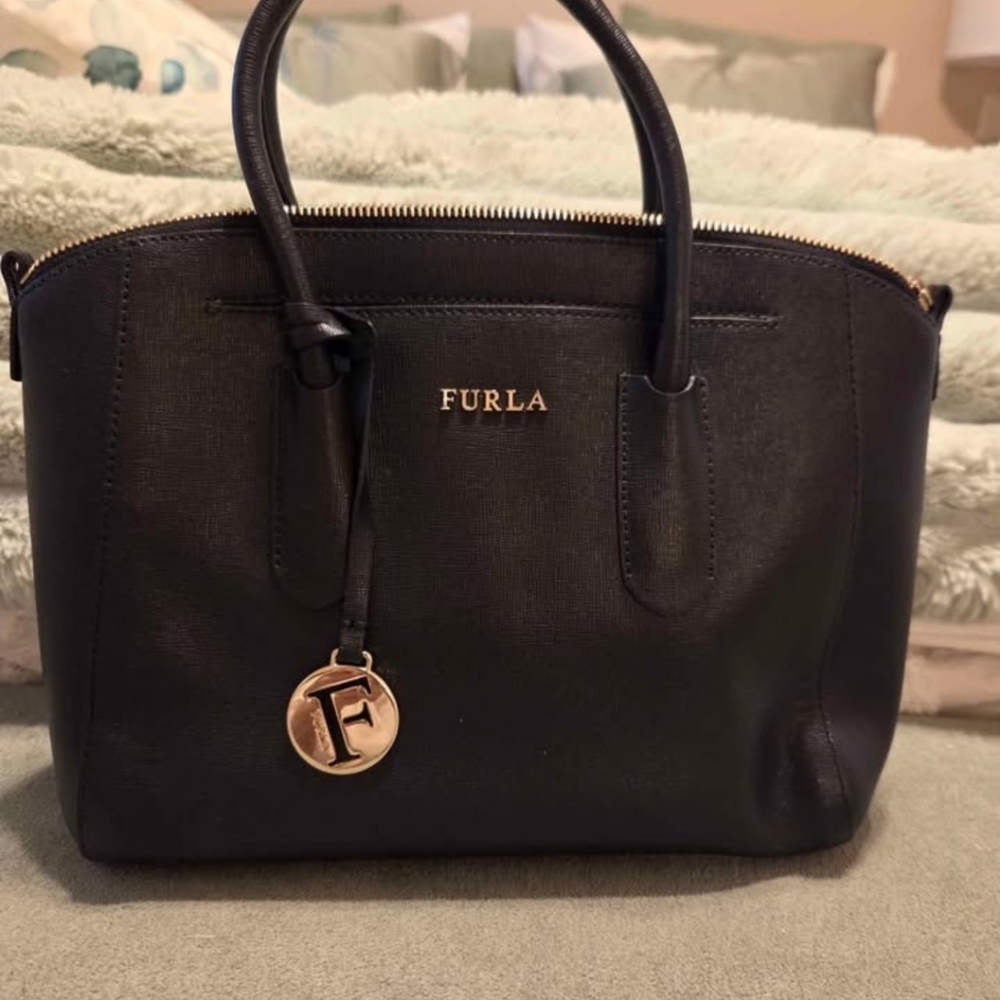 Furla Leather Satchel Purse Black Double Hamdle